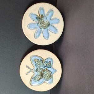 Lot of 2 Ceramic Pottery Decorative Coasters with Blue Glazed Butterfly/Flower.